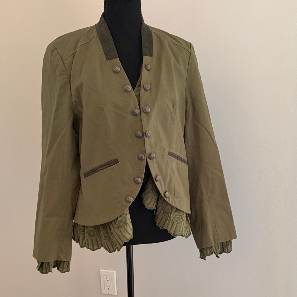 Sundance Caroline Ruffle Jacket Olive Green Petite Medium PM Military Boho